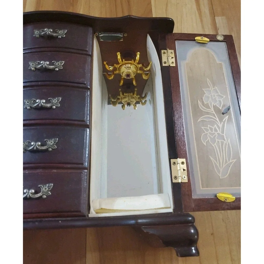 Vintage Wooden Armoire Style Jewelry Box Multiple Drawers FLAWED